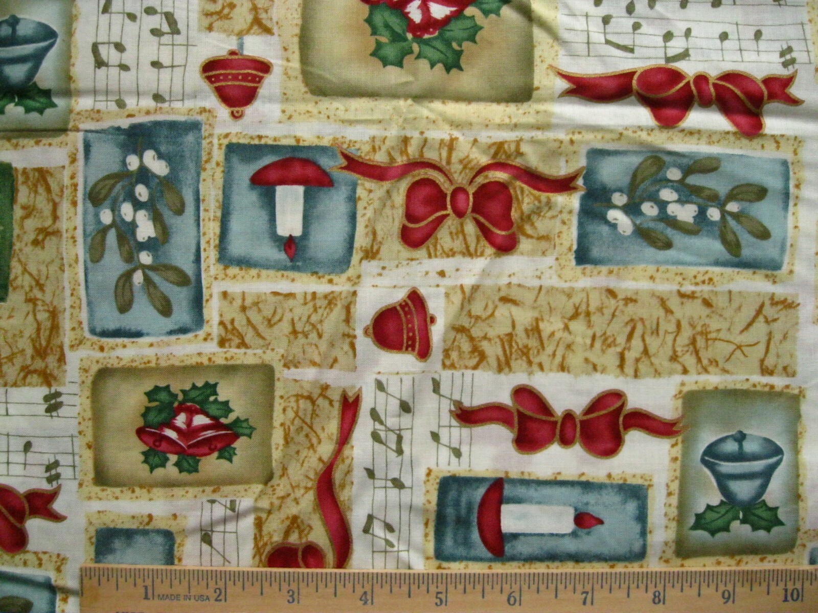 Candles Bells Christmas Quilt Fabric Collage 2 1/3 yds Holiday Mistletoe Music-image
