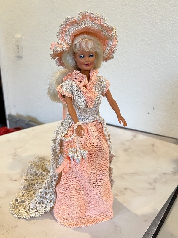 Vintage Barbie Crocheted Homemade Dress , Ball gown, Skirt Wrap, Hat And Bag