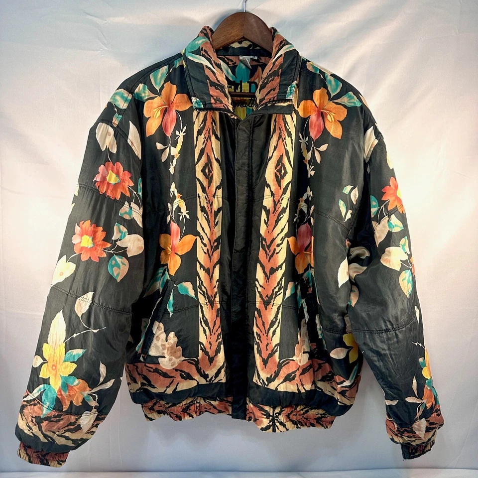 Chaqueta Bomber FUDA International De Colección Seda Floral y Rayas de Tigre Para Mujer’s Mediana Foto 2 de 4