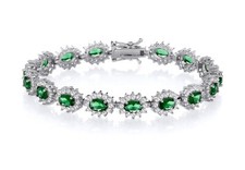 Sterling Silver 925 simulated EMERALD & CZ Oval Cluster Ladies Tennis Bracelet