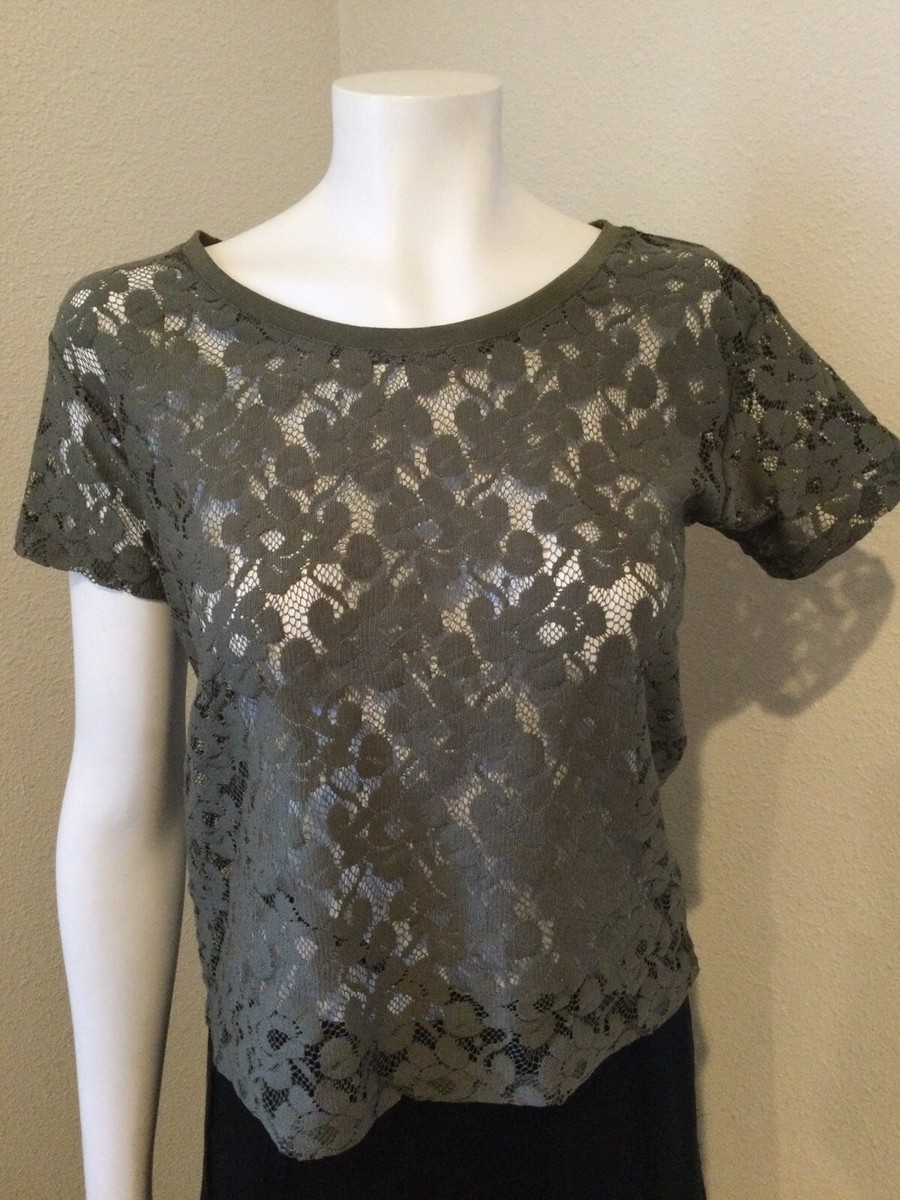 New women's H&M scoop neck cap sleeve olive green lace top