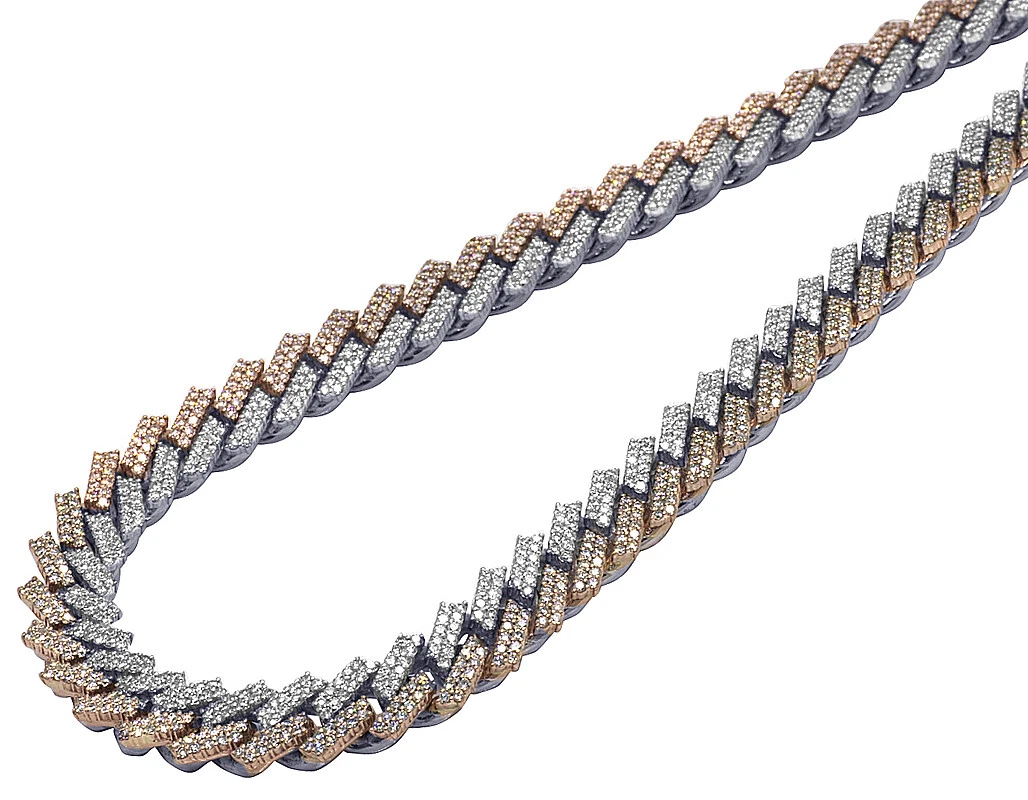 Mens Rose White Gold Prong Miami Cuban Diamond Necklace Chain