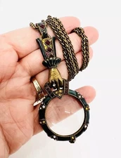 Large SWEET ROMANCE Rhinestone Hand Magnifying Glass Necklace Signed