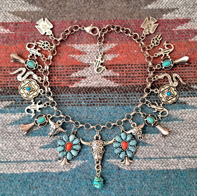 Southwestern Bull Skull Squash Blossom Snake Lizard Ankle Bracelet Custom Sized
