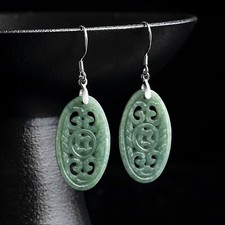 Real 925 Sterling Silver Natural A Grade Jade Jadeite Oval Dangle Earrings