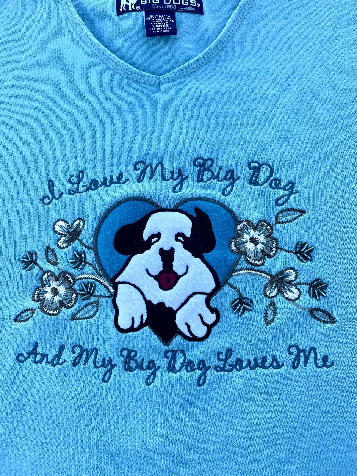 Vintage Big Dogs Sweatshirt Size Large Aqua Embroidered Heart I love My