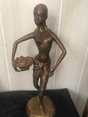 Brass Metal Sculpture Beautiful Asian African Women Holding Basket 16 Antique Ebay