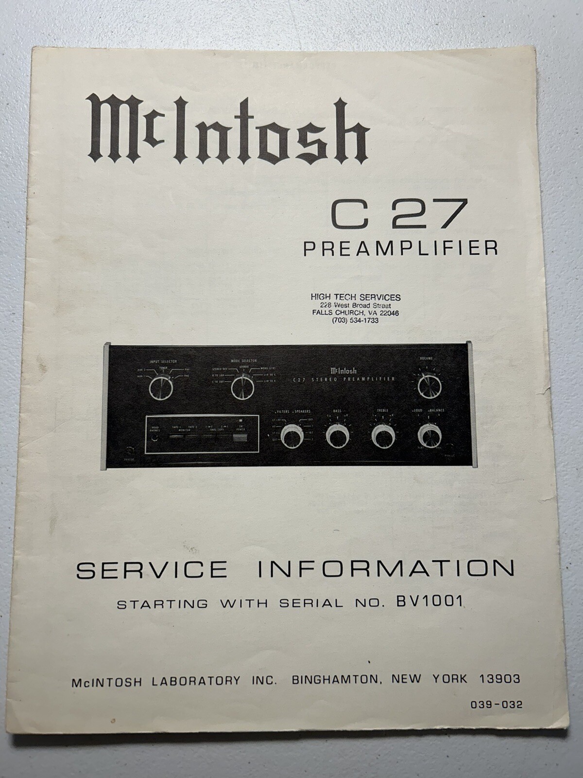 McIntosh C27 C-27 Preamplifier Preamp Service Information Original Manual BV1001