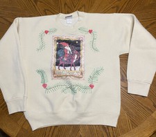 Vintage Lee Made In USA Santa Christmas Crewneck Ivory Sweatshirt Womens Large