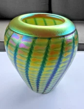 Carl Radke for Phoenix Studios Art Glass Gold & Green Aurene Zipper Vase