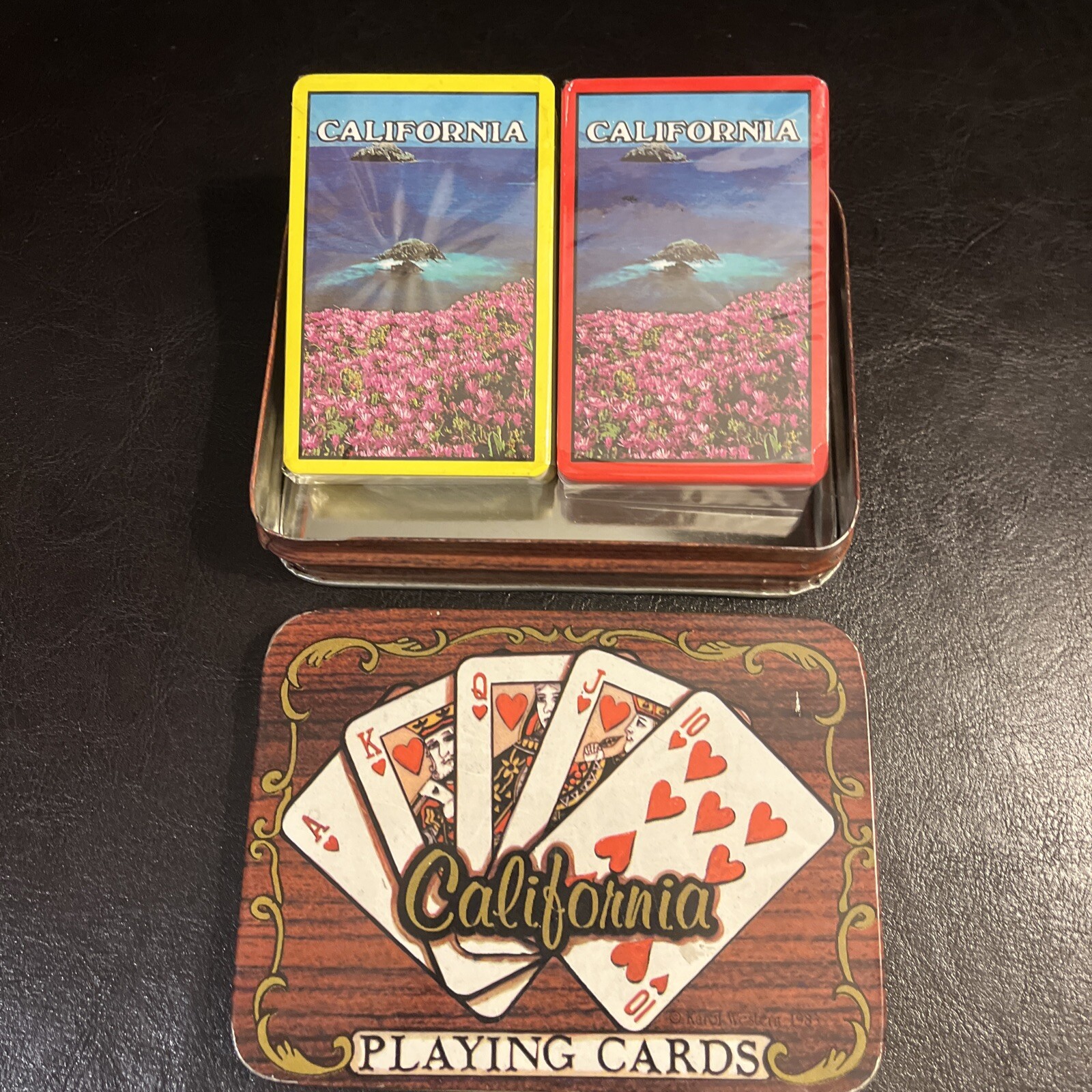 VTG California Playing Cards in Metal Tin Can 2 Sealed Decks Yellow & Red Border