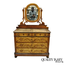 Antique Biedermeier Louis Philippe Burl Walnut Chest Dresser with Mirror