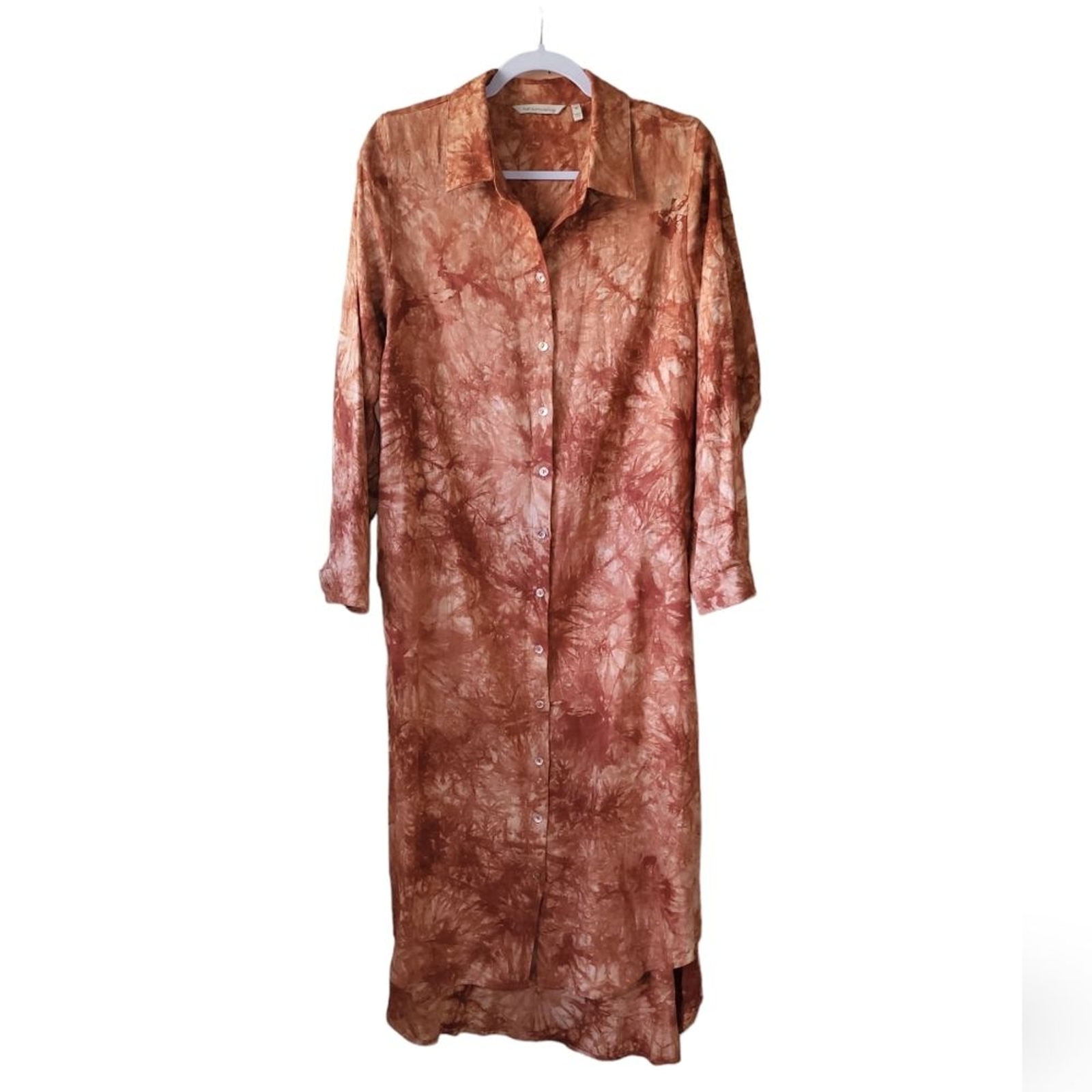 Soft Surroundings Tie Dye Linen Blend Boho Button Front Long Duster Dress Medium