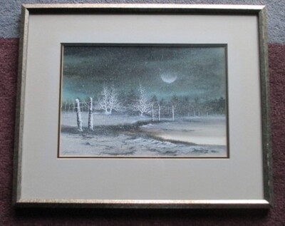 Alfred Lee  ''Full Winter Moon'' Original Ink & Watercolor, Texas Artist Signed