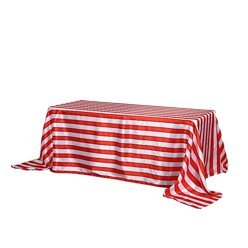 RED WHITE 90x132" Stripes Satin Rectangular Tablecloth Wedding Party Linens Sale - Image 3 of 4