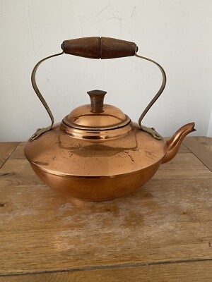 VINTAGE Portugiesisch Gefütterter Kupfer und Messing Wasserkocher Teekanne Holzgriff