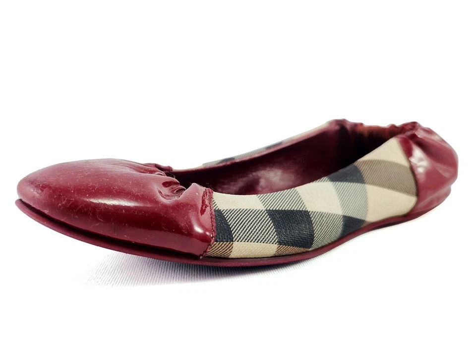 Burberry Rojo Charol Nova Check Lona Scrunch Ballet Pisos 36.5 EE. UU. 6.5 Foto 2 de 4