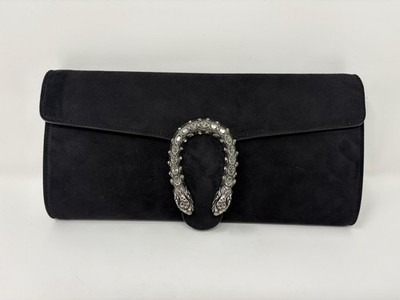 Gucci Black Suede Dionysus Clutch Evening Bag Silver Jeweled Tiger Head Italy