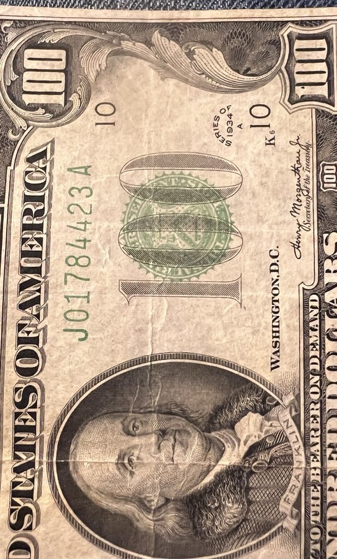 1934 a $100 Note ,Kansas City ￼ serial#J01784423 A