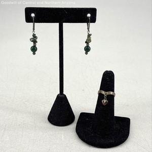 925 Sterling Silver Size 4.75 Heart Charm Ring & Green Jasper Earrings 4.5g