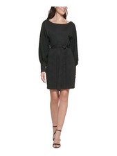 GUESS Womens Black Belted Knit  Lined Blouson Sleeve Sweater Dress S