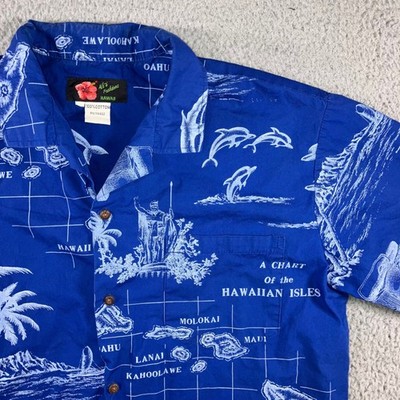Hawaii Button Up Shirt Men XL Blue White Map Print Cotton S/S Resort Beach Vaca
