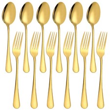 Set of 12, Gold Plated Stainless Steel Dinner Forks and Spoons, Heavy-duty Fo...