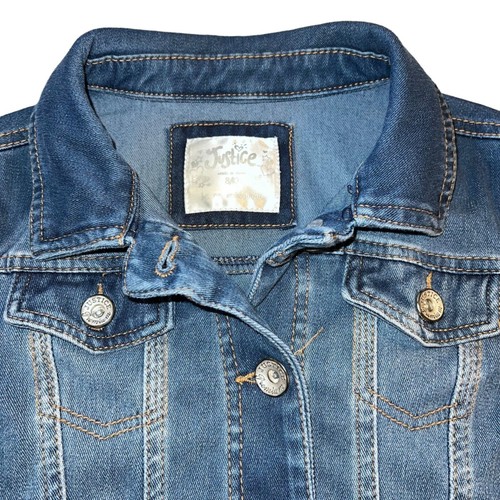 Justice Girls Denim Jean Jacket Stretch Classic Medium Wash Button Close Sz 8 10 - Picture 3 of 10