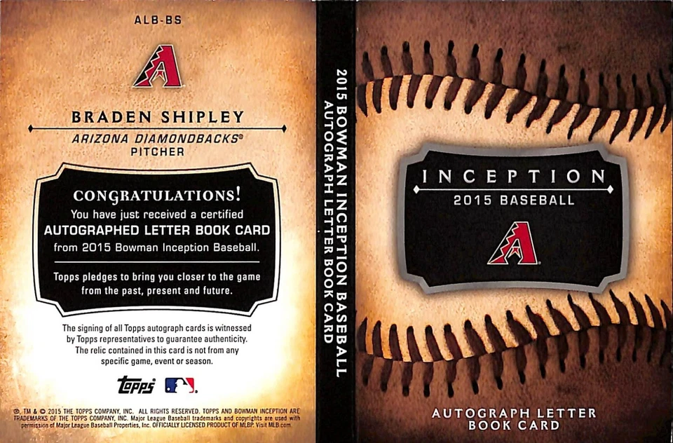 2015 Inception Braden Shipley Auto Letter Book Arizona Diamondbacks 2/2 - Image 2 of 2