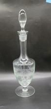 VTG Romanian Hand-Blown Etched Glass Decanter Bow & Flower design 17  tall