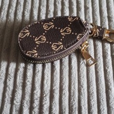 Brown Leather Logo Key Chain Pouch, Gold Zipp...