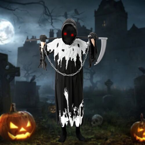 Glow-in-the-Dark Grim Reaper Costume for Boys - Scary Phantom Halloween Dress...
