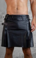 Men's Real Cow Leather Pleated Kilt Elasticated Belt Back Clubwear Utility Kilt