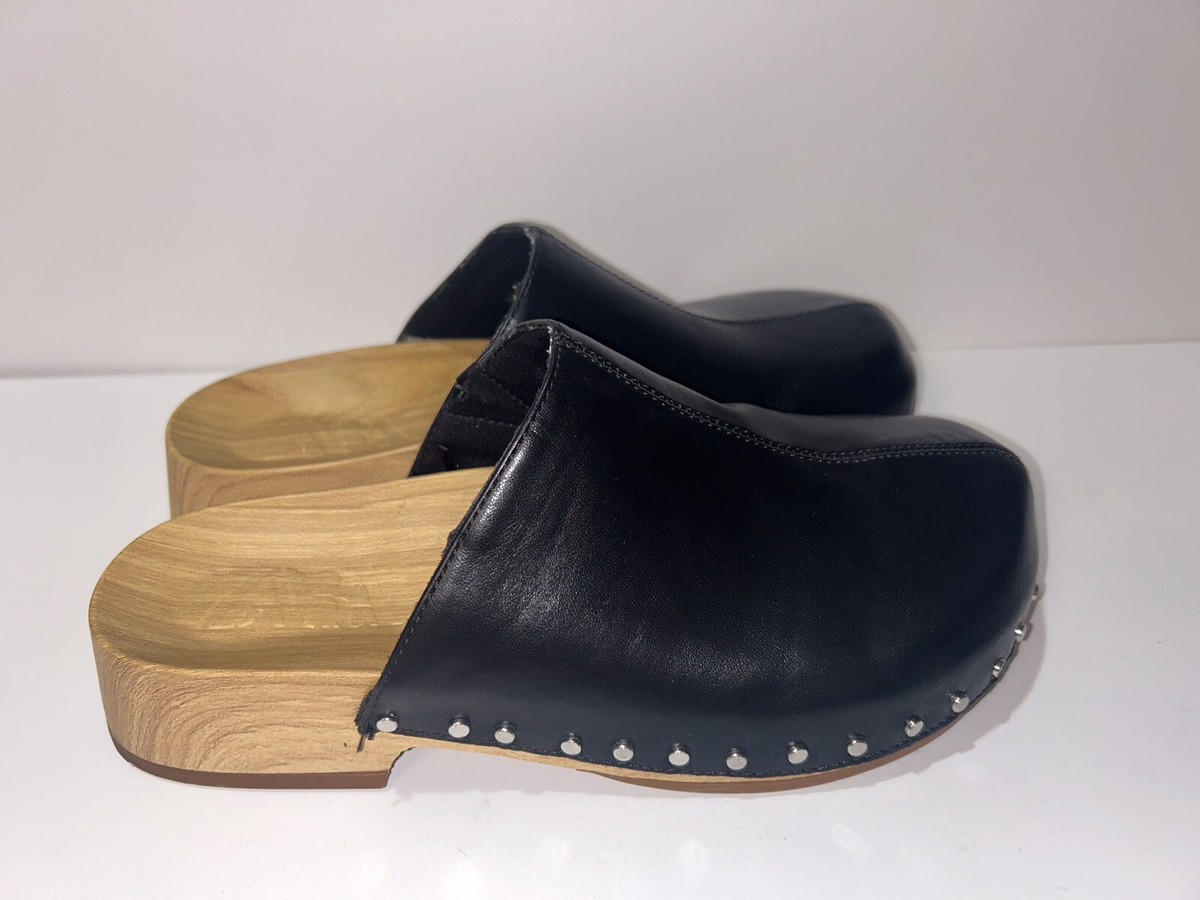 Zara Studded Mule Clog Black Faux Leather Wood Design Women's 37