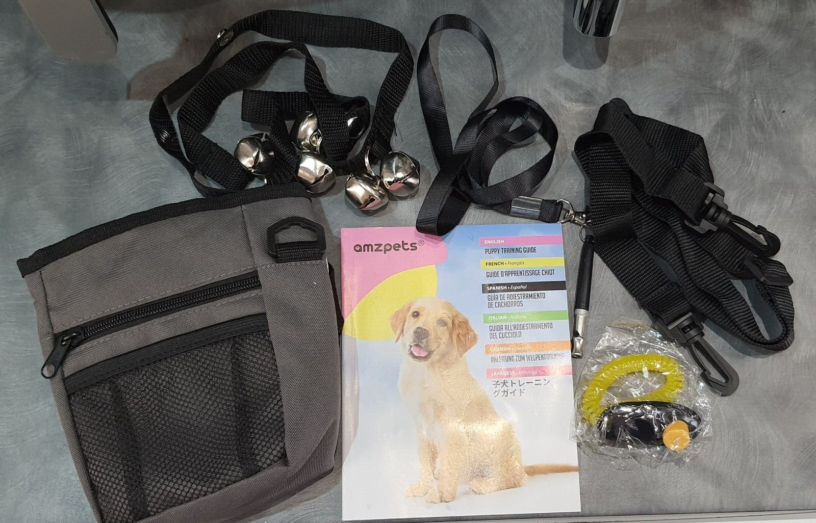 Nuovo set addestramento cane cucciolo fischietto - campanelli - clicker cani - borsa sacchetto trattamento