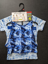 NWT Eddie Bauer Girl's 4-piece Swim Suit Set Reversible Size 10-12 Blue/White