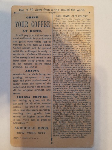 #47 - Cape Town, Cape Colony - Arbuckle Coffee Victorian Advertising Trade Card - Picture 2 of 3