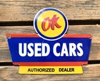 VINTAGE OK USED CARS AUTHORIZED DEALER OIL PUMP STATION GASOLINE PORCELAIN SIGN