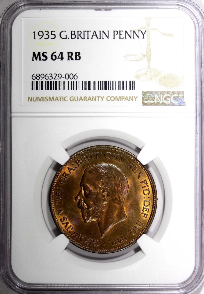 GREAT BRITAIN George V Bronze 1935 1 Penny NGC MS64 RB NICE TONING KM# 838 (06) - Image 2 of 4