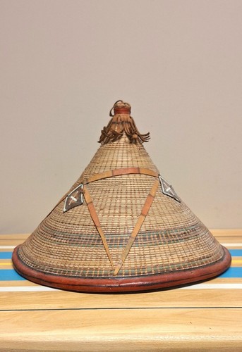 Authentic African Tribal Hat Leather & Straw Fulani Hat Mali West Africa Vintage - Picture 3 of 14