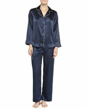 Neiman Marcus Silk Satin Two-Piece Navy Blue Pajama Set L72014 Size XL