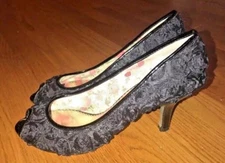 POETIC LICENCE Black Satin Rose Peep Toe High Heels Women Shoes Pumps Size 8 #