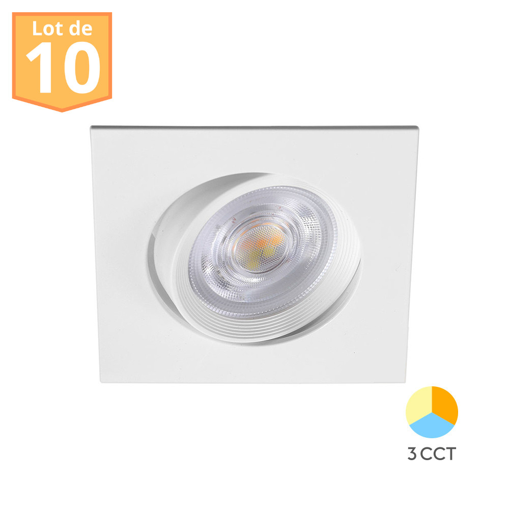 Spot LED encastrable carré blanc 7W lot de 10 plafonniers 3 en 1