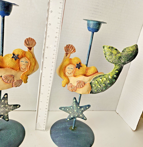 Mermaid Candle Holders Coastal Nautical Beach Cottage Decor 13" Metal Set of 2 - Picture 15 of 17