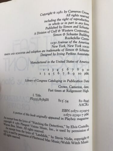 Rare Fast Times at Ridgemont High by Cameron Crowe Book PB 1981 - Foto 4 di 11