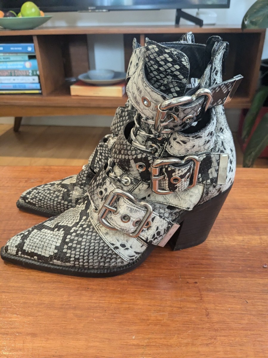 Jeffrey Campbell Caceres Grey Snake Print Buckle Ankle Booties