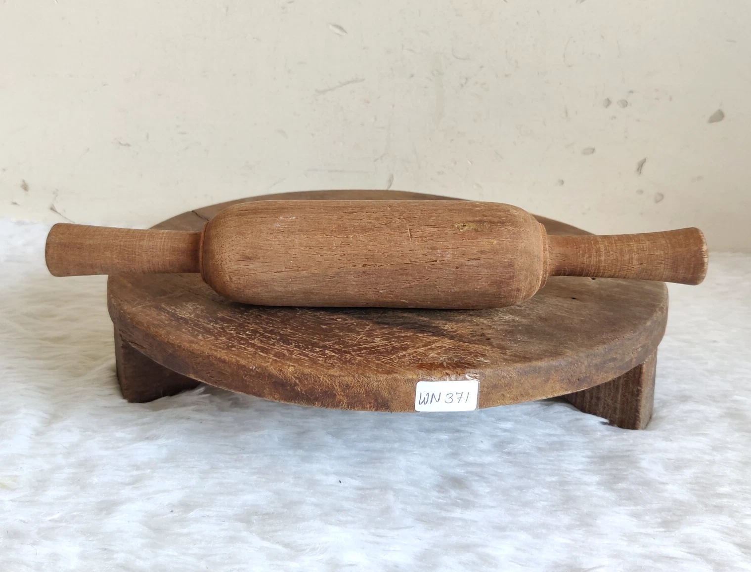 Handmade Indian Wooden Bread Board & Belan Rolling Pin Antique Kitchenware WN371