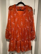 NWT Vince Camuto Size M Orange Floral Ruffle Flowy Long Sleeve Sheer Mini Dress