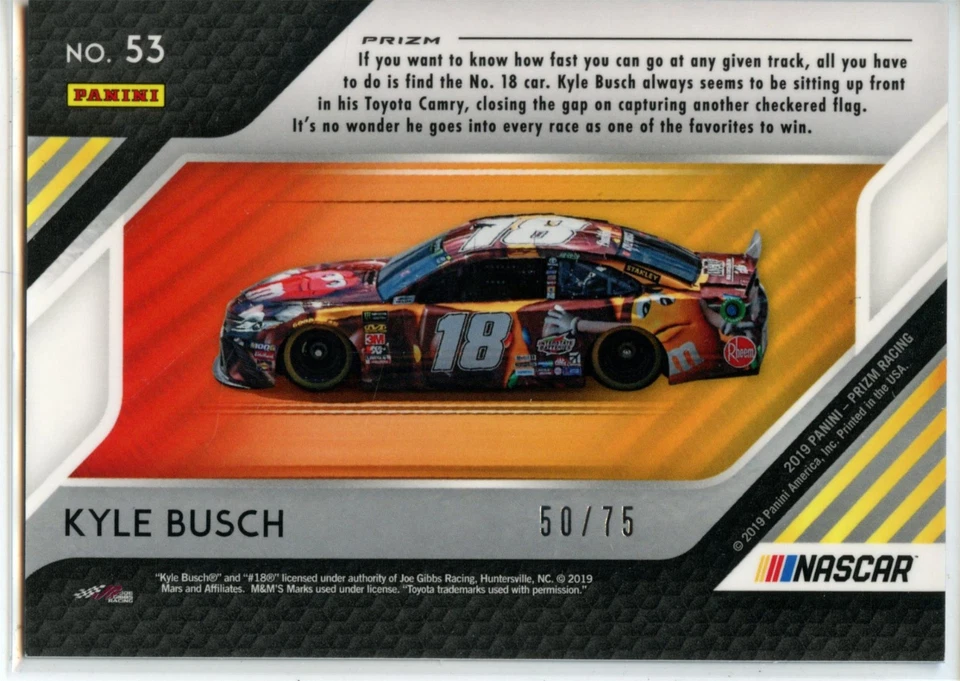 2019 Panini Prizm Racing NASCAR Acceleration BLUE Prizm #53 Kyle Busch #50/75 - Image 2 of 2
