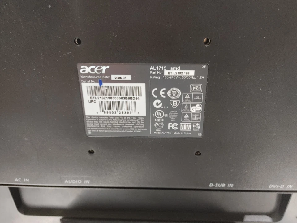 Excellent Condition Acer AL1715 17in 5:4 LCD Monitor Tested Working Silver Black - Image 4 of 4